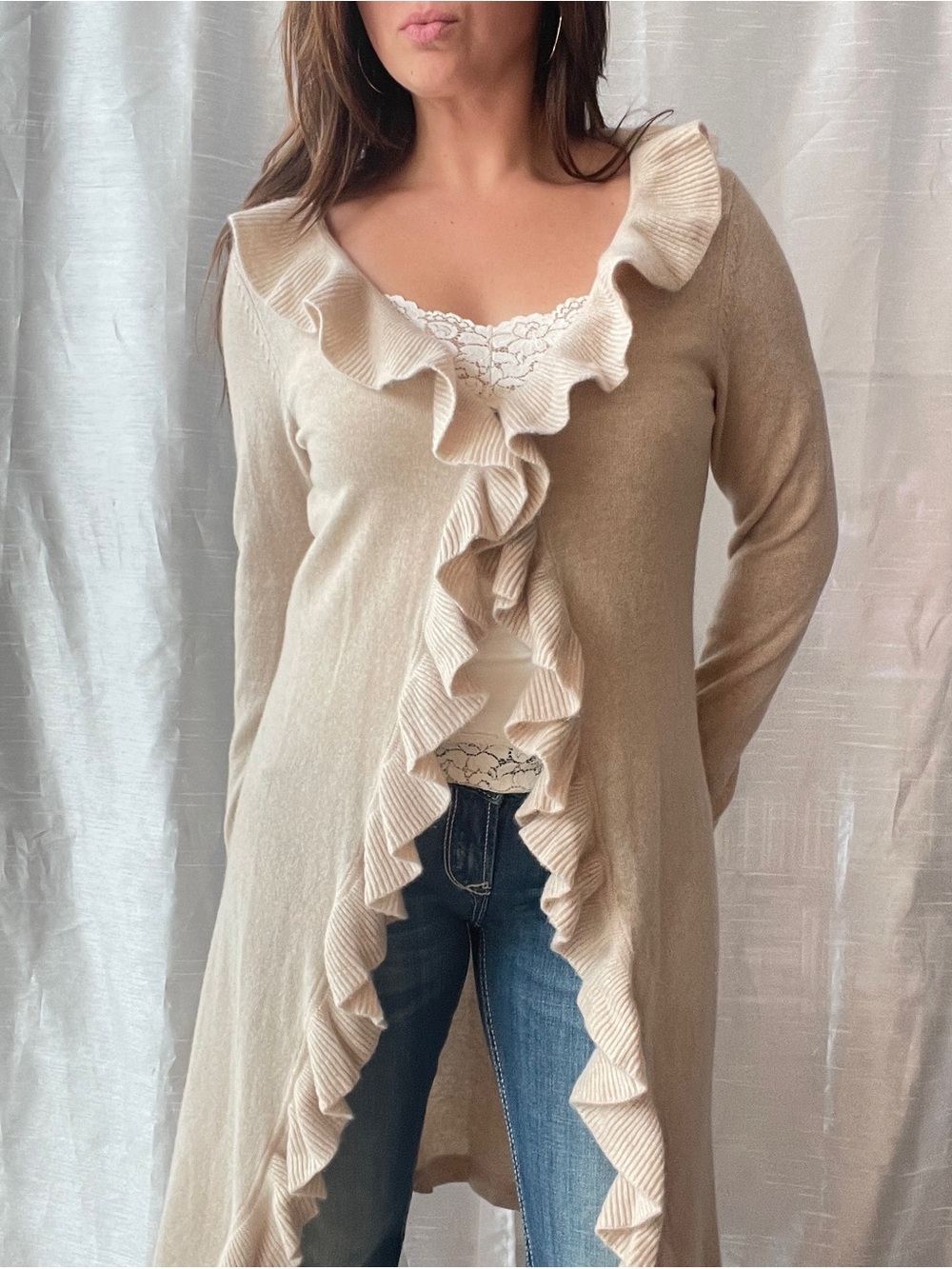 Neiman Marcus Cashmere Ruffle Duster Cardigan Small Beige Quiet Luxury Feminine